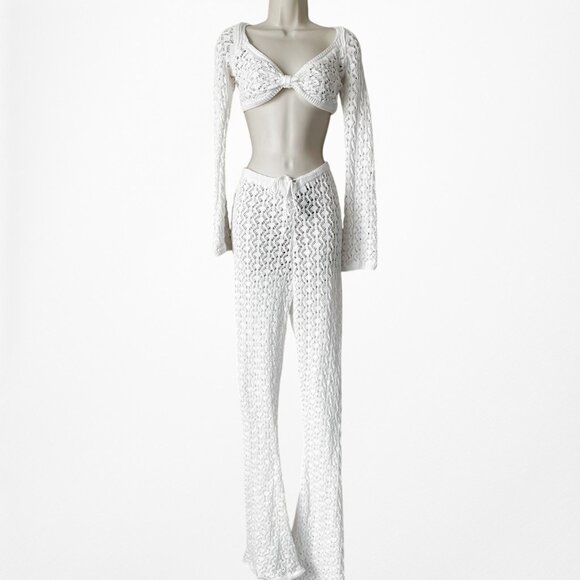 Nakd White Crochet Long Sleeve Crop Top Flared Pants Two Piece Set Size XS/S - Picture 5 of 7